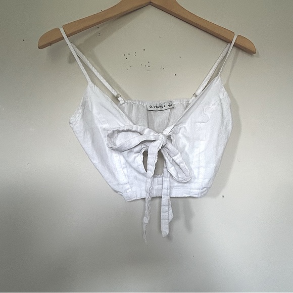 White Cottage Core Front Tie Crop Top White - Picture 7 of 13